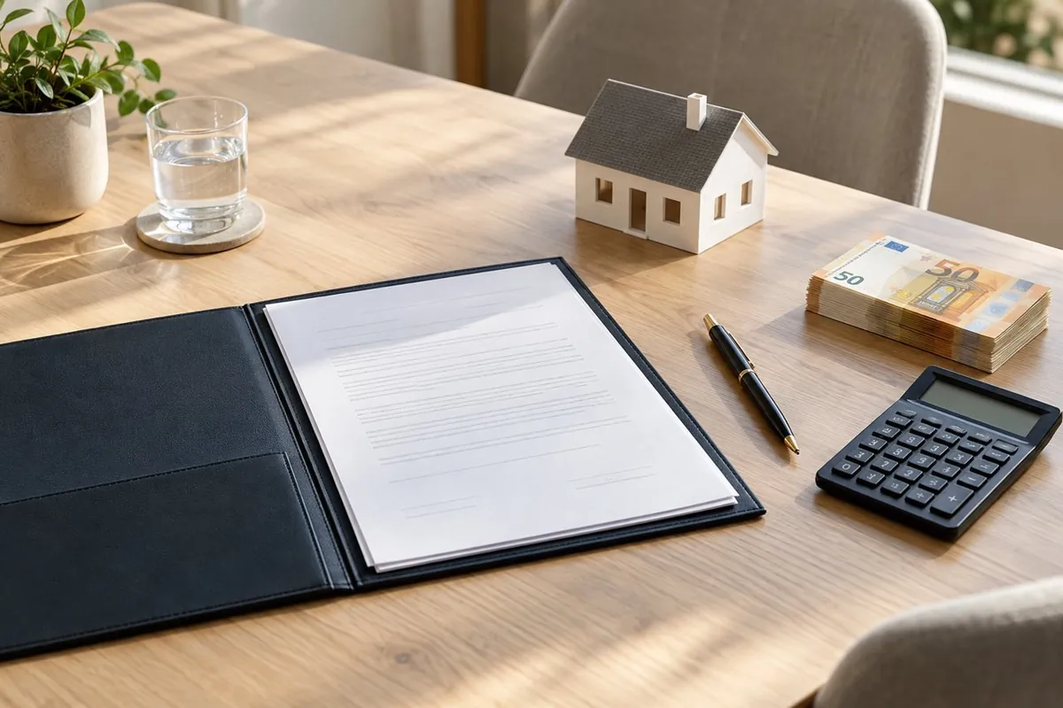Finanzierungsunterlagen, Taschenrechner und Modellhaus
