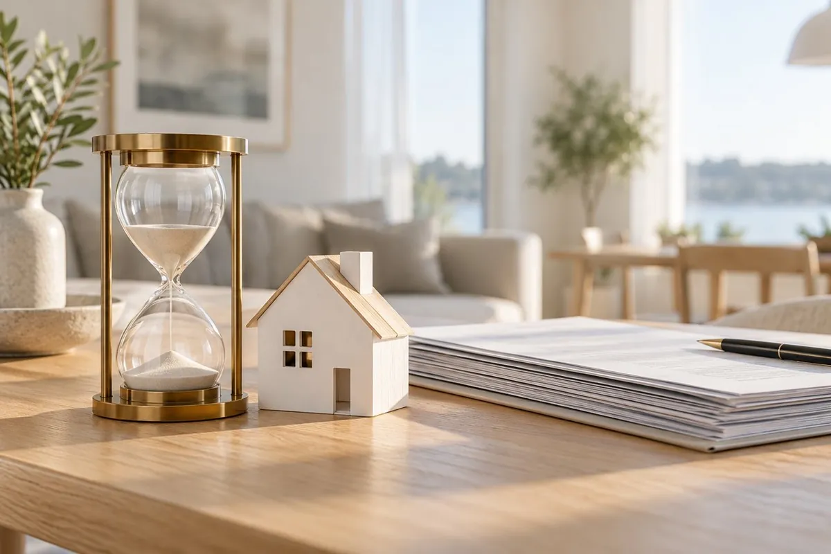 Sanduhr neben einem Modellhaus und Unterlagen