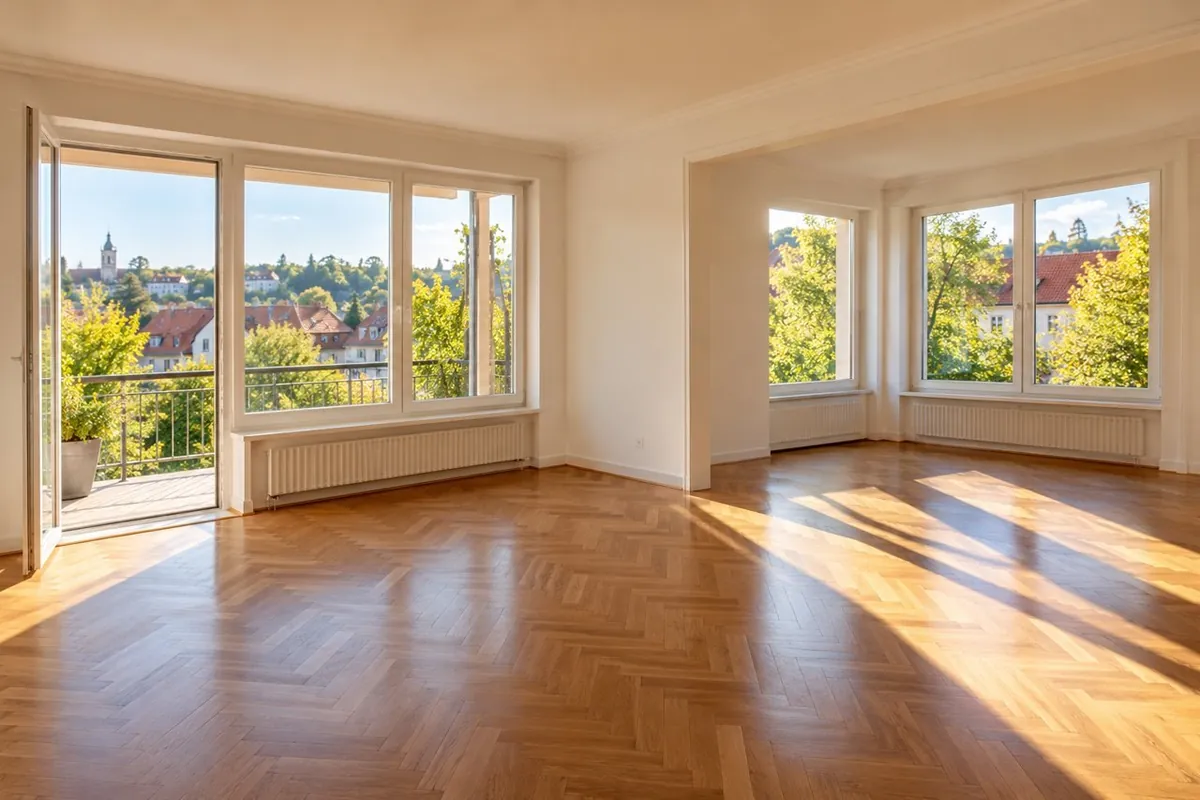 Helle, leere Wohnung mit großen Fenstern