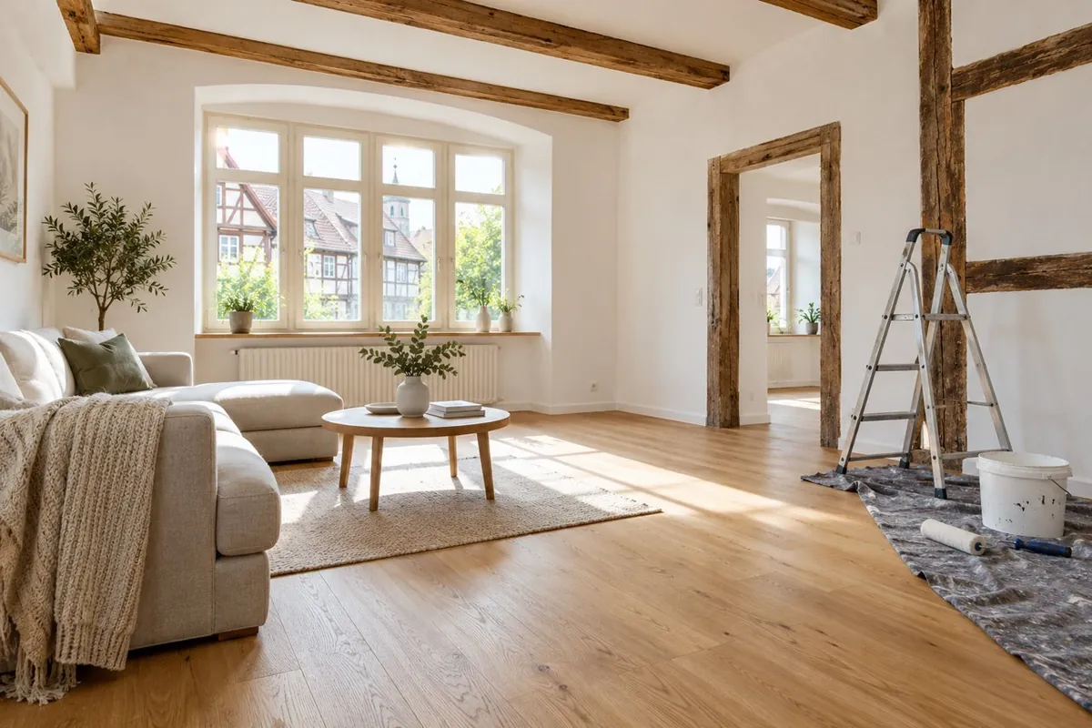 Frisch renoviertes Wohnzimmer mit Malerwerkzeug